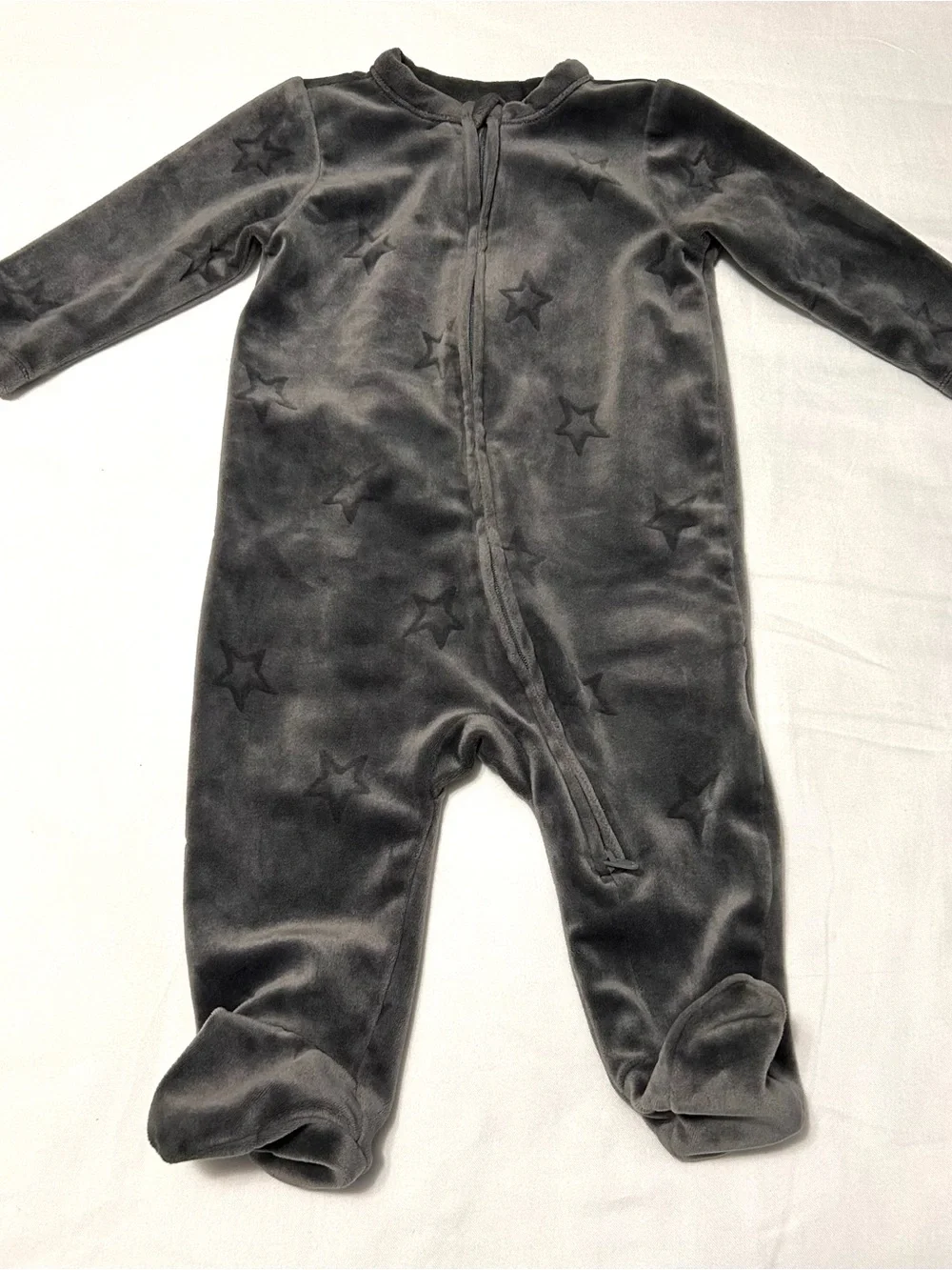 3-6 Month Sleepers Footie 3 pieces! Gray Velour, Stripes and Sports Excellent